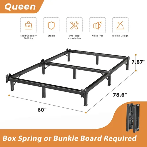 Miniatura 3 de MAF Bastidor de cama de metal Queen de 8 pulgadas, base de cama de soporte de 9 patas, marco de cama Queen para somier y colchón, base de cama Negro