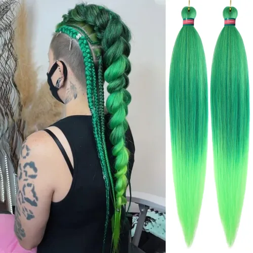 Miniatura 21 de Extensiones de cabello para trenzar verde+verde claro, preestiradas, 2 paquetes, con cabello plumoso pre-trenzado, extensiones de cabello