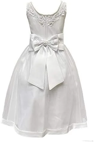 Miniatura 4 de Vestido de bautismo de comunión de satén blanco con apliques de cuentas
