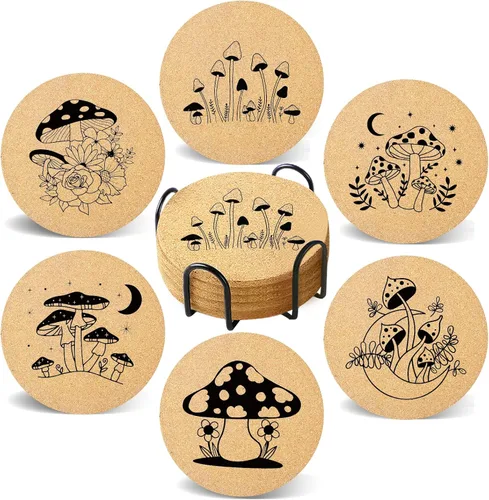 Miniatura 16 de Juego de 6 posavasos de café para bebidas con soporte, posavasos de madera de corcho absorbente para escritorio, mesa de oficina, decoración