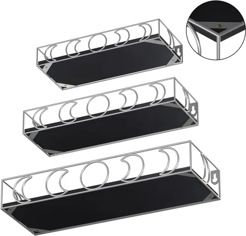 Miniatura 4 de Estantes de pared de fase lunar negro y plateado, paquete de 3 estantes flotantes pequeños para plantas de libros para dormitorio, habitación