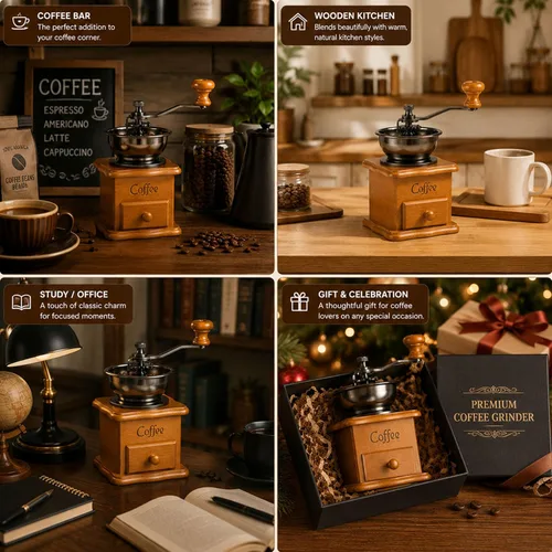 Miniatura 4 de Molinillo de café manual de madera vintage, molinillo de manivela decorativo retro con rebabas de cerámica, molinillo de granos de café antiguo