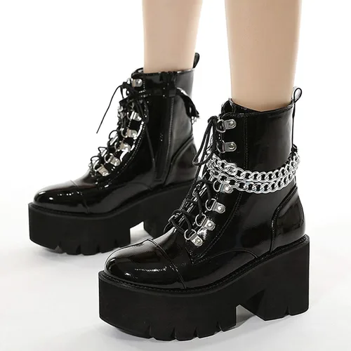 Miniatura 3 de rui yue Botas de plataforma para mujer, punta redonda, botas de tobillo gruesas, botas punk, con cordones y cremallera, botas de combate