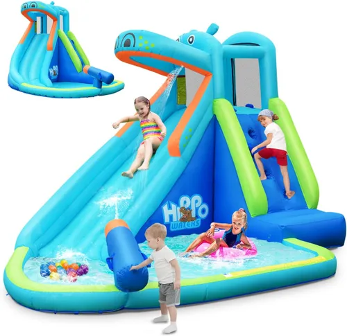 Miniatura 10 de HONEY JOY Tobogán acuático inflable, tema hipopótamo, parque acuático, casa de rebote para patio trasero, pared de escalada y tobogán, toboganes