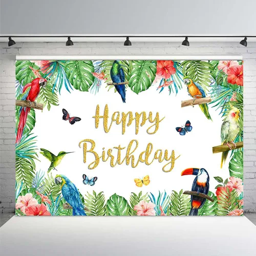 MEHOFOND Telón de fondo de cumpleaños de pájaro tropical, tucán de verano, hojas de palma, purpurina dorada, pancarta de feliz cumpleaños, fondo de