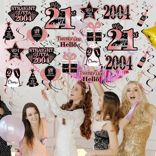 Miniatura 4 de MOORAY 36 piezas de decoración de cumpleaños negro dorado 21 espirales colgantes para hombres y mujeres, suministros de fiesta de feliz cumpleaños