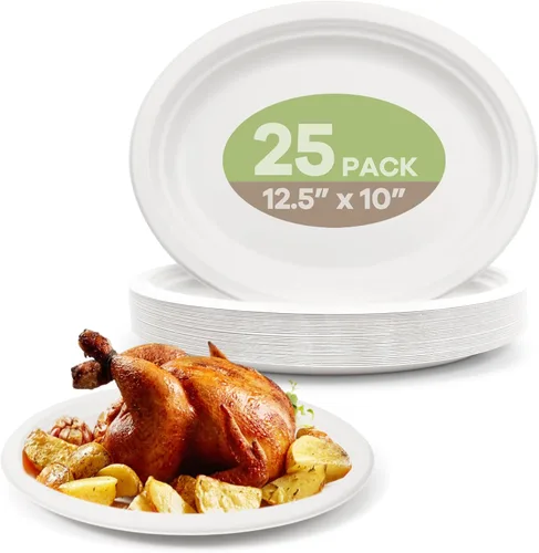 Miniatura 8 de Platos de Papel Ovalados Desechables, Paquete de 100 de 12.5 pulgadas Biodegradables Grandes, Bandejas de Bagazo Compostables de Servicio Pesado