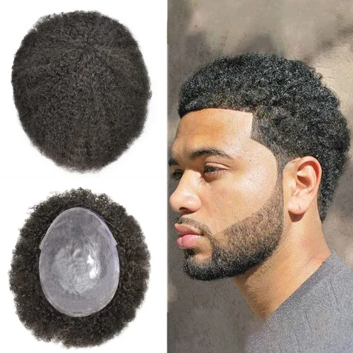 Miniatura 8 de Afro Curl Toupee para hombres negros, sistema de reemplazo de cabello humano afroamericano para hombre, unidad duradera, inyección rizada, piezas
