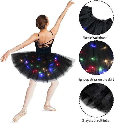 Miniatura 2 de Tutús iluminado de 3 capas para mujer, falda tutú LED para adultos y adolescentes, falda clásica elástica de ballet, disfraz de fiesta brillante