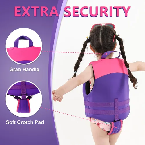 Miniatura 3 de Chaleco de natación para niños y niñas de 24 a 66 libras, chaleco de natación con correa de seguridad ajustable, fácil de poner y quitar, ayuda