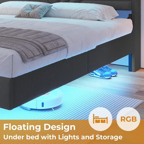 Miniatura 8 de HAUOMS Marco de Cama Completamente Flotante Tamaño Full con Cabecera de Luz LED, Estación de Carga Type-C y USB, Marco de Cama Plataforma Tapizada