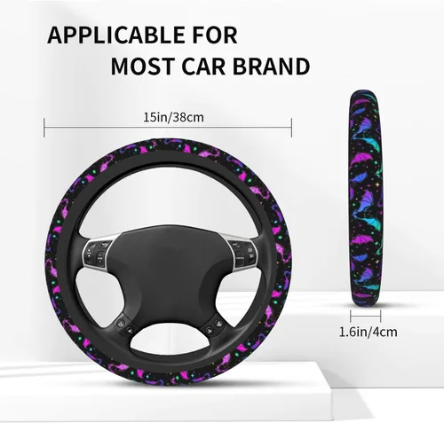 Miniatura 4 de Funda de volante para mujeres y hombres, coloridos murciélagos de Halloween, protector de volante de neopreno morado, ajuste universal