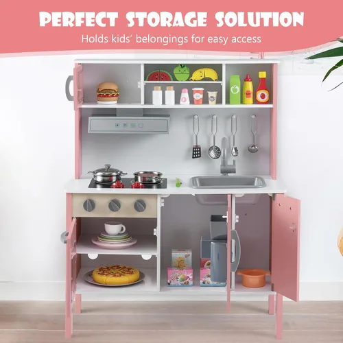 Miniatura 5 de Costzon Juego de cocina para niños, juego de cocina de madera con sonido, microondas, horno, máquina de hielo, campana extractora, estufas