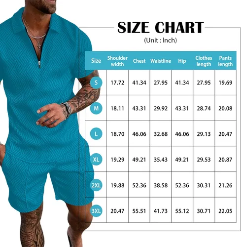 Miniatura 6 de Aulemen Conjunto deportivo de 2 piezas con cremallera para hombre, manga corta, camiseta polo y pantalones cortos, conjuntos de verano para hombre