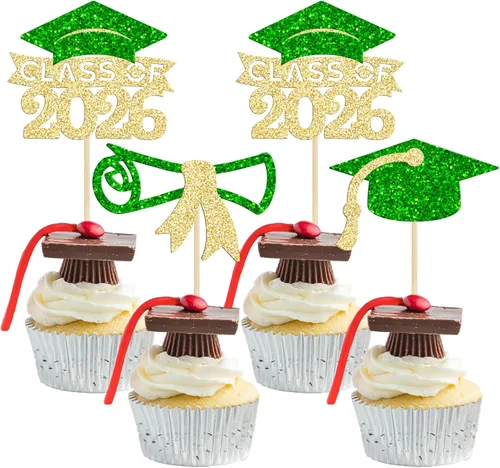 Miniatura 39 de Gyufise 24 piezas Adornos para pastel de graduación 2026 con purpurina negra, clase de 2026, adornos para magdalenas con gorra de graduación