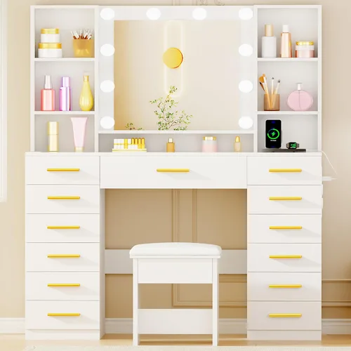 Miniatura 9 de ANWBROAD Escritorio de tocador con espejo y luces, juego de mesa de tocador de maquillaje blanco con parte superior de cristal, 13 cajones, 7