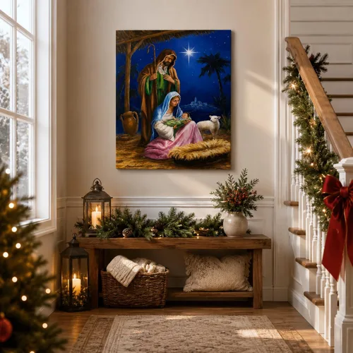 Miniatura 9 de BANBERRY DESIGNS Nativity - Lienzo decorativo para pared, cuadro LED de la Sagrada Familia con María José y el Niño Jesús, escena de establo