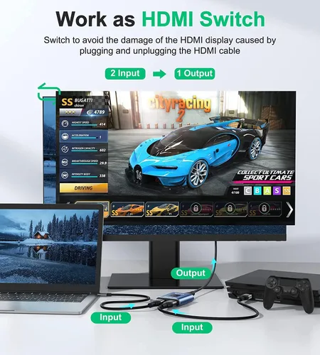 Miniatura 3 de Conmutador HDMI 4k@60hz divisor, GANA conmutador HDMI bidireccional de aluminio 2 en 1 salida, Hub HDMI manual compatible con HD, compatible