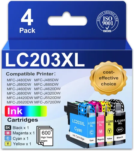 LC203XL LC201 BK/C/M/Y Cartuchos de tinta de alto rendimiento (paquete de 4) Cartuchos de tinta compatibles de repuesto para impresora Brother LC203