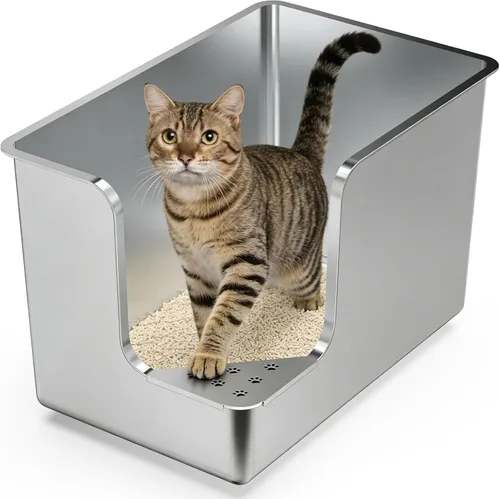 Miniatura 10 de Caja de arena de acero inoxidable de 11.8 pulgadas de alto, caja de arena de metal XL para gatos, inodoro para mascotas con apertura de esquina