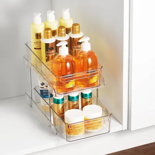 Masirs Organizador de cajones extraíble transparente de 2 niveles, organizador de maquillaje y armario elegante, compacto y resistente, solución de