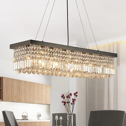 Miniatura 19 de 7PM Candelabro de cristal dorado moderno rectangular candelabros para comedor, lámpara colgante rectangular para isla de cocina y dormitorio, 31.5