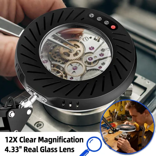 Miniatura 2 de Akynite 12 lupas con luz y soporte, lámpara de escritorio con lupa de cristal real de 144 LED con base y abrazadera, 5 modos de color, lupa