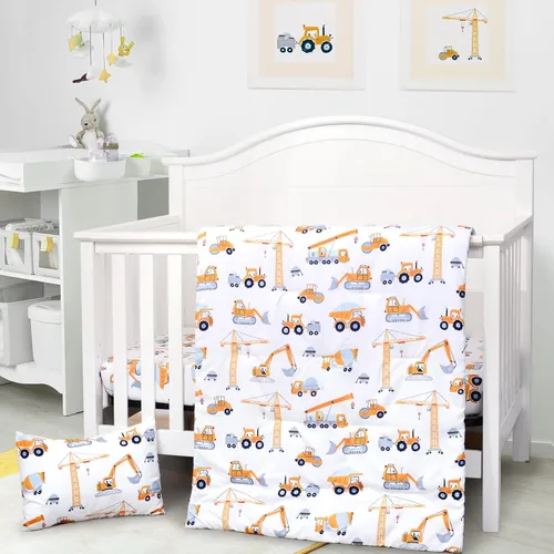 Miniatura 2 de JISEN Juego de ropa de cama de 3 piezas para cuna, juego de ropa de cama suave para cuna, camiones de construcción, juego de edredón para cuna