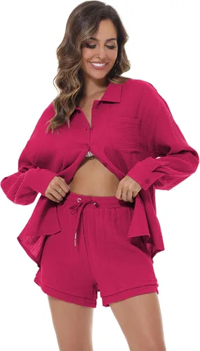 Miniatura 3 de ELLENWELL Conjunto de 2 piezas para mujer, chándal de manga larga con botones y pantalones cortos