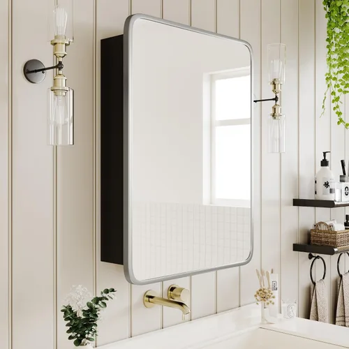 Miniatura 11 de AGDULL Armario negro de madera para baño de estilo vintage con espejo curvado de marco de metal negro de 16.5 x 24 pulgadas, gabinete de medicina