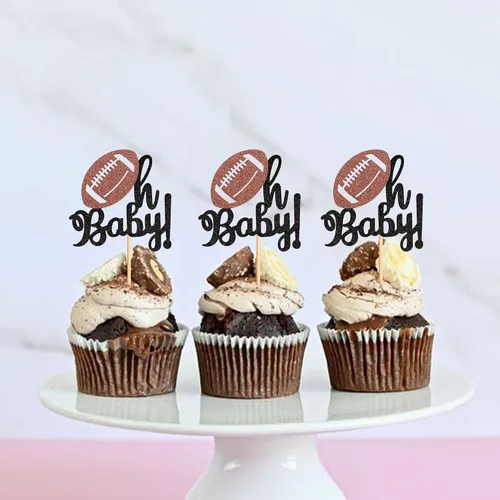 Miniatura 3 de Ercadio Paquete de 24 adornos para cupcakes de fútbol americano Oh Baby - Púas de rugby con purpurina negra para temática deportiva, baby shower