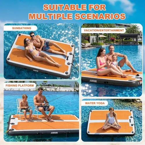 Miniatura 3 de AWSUM Plataforma de muelle inflable, superficie antideslizante de EVA de 8 a 15 pies, isla flotante resistente para lago, piscina, playa y océano