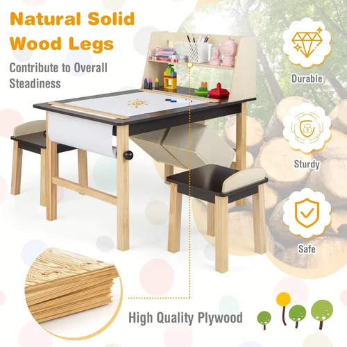 Miniatura 5 de Costzon Juego de mesa y silla de arte para niños, mesa de actividades de madera y 2 taburetes con rollo de papel, 2 marcadores, 2 cubos