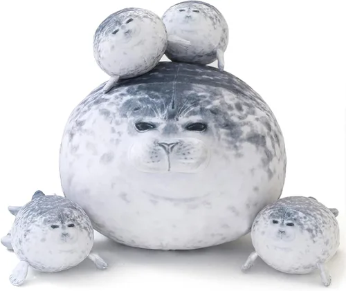 Miniatura 4 de SQEQE Chubby Seal Almohada de peluche con 4 peluches de foca de bebé en su barriga, juguete de peluche de algodón de peluche para niños y adultos
