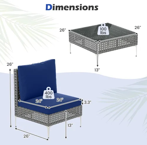 Miniatura 8 de Tangkula Juego de muebles de patio de 3 piezas, sillas de conversación de ratán PE con mesa de centro de vidrio templado, respaldo suave y cojines