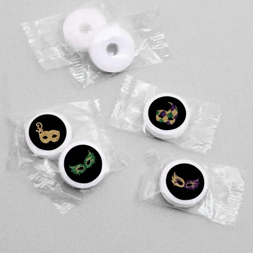 Miniatura 3 de Big Dot of Happiness Mardi Gras - Calcomanías redondas para fiesta de máscaras, etiquetas para dulces de chocolate (1 hoja de 108)