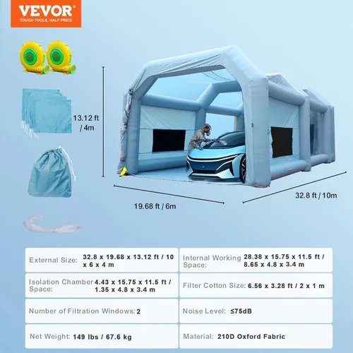 Miniatura 7 de VEVOR - Carpa inflable para pintar coches y camiones, gran refugio portátil con dos sopladores de alta potencia de 950W+1100W, refugio de pintura