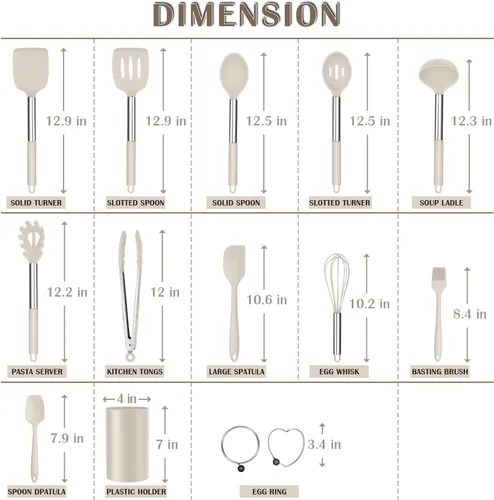 Miniatura 2 de E-far Juego de utensilios de cocina de silicona, 14 piezas, color caqui, con soporte, espátulas de herramientas de cocina con mango de acero