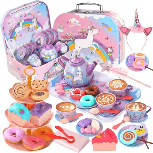 Juego de Fiesta de Té de 55 Piezas para Niñas Pequeñas, Juego de Fiesta de Té de Princesa, Juego de Té de Lata de Unicornio para Niños, Juguete de