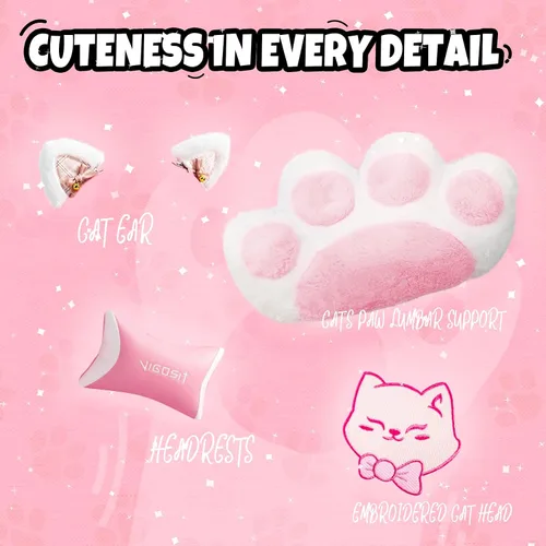Miniatura 3 de Vigosit Silla de gamer rosa con reposapiés, silla ergonómica y linda para jugadores con orejas de gato, silla cómoda de escritorio y computadora