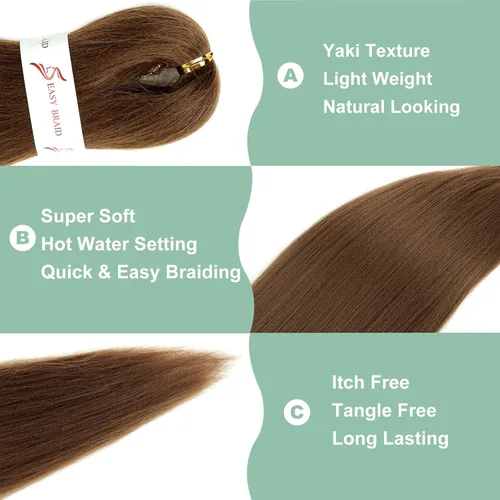 Miniatura 3 de Cabello trenzado marrón preestirado de 30 pulgadas, 3 paquetes de cabello trenzado preestirado de color 30 EZ, textura Yaki, extensiones de cabello