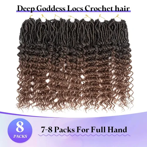 Miniatura 5 de Cabello de Ganchillo Goddess Locs de 18 Pulgadas 8 Paquetes Nuevos Locs Sintéticos Suaves Trenzas de Ganchillo Ondas Profundas Extensiones de T30.