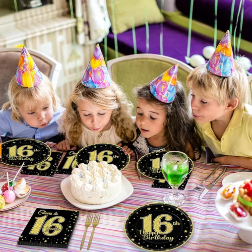 Miniatura 6 de 96 piezas de suministros para fiesta de cumpleaños de 16 años para 24 invitados, vítores a 16 años, vajilla, decoración de mesa, platos