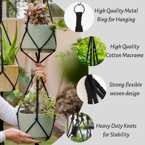 Miniatura 8 de Feedee Ganchos de macramé para plantas, paquete de 6, color negro, interior/exterior, algodón
