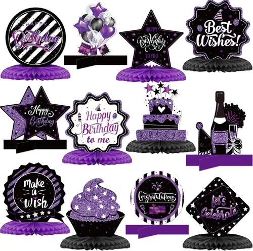 Clabby 12 piezas de decoración de mesa de cumpleaños, centros de mesa de panal púrpura para decoración de mesa, lindo topper de panal de abeja para