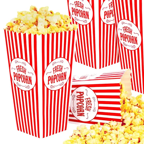 Stock Your Home Paquete de 50 cajas de palomitas de maíz desechables de cine a rayas rojas y blancas, capacidad de 46 onzas, caja de aperitivos