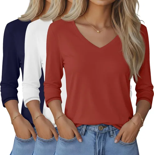 Miniatura 19 de Ficerd Paquete de 3 camisetas de manga 3/4 para mujer, cuello en V, blusas holgadas, blusas casuales, ropa de moda 2026