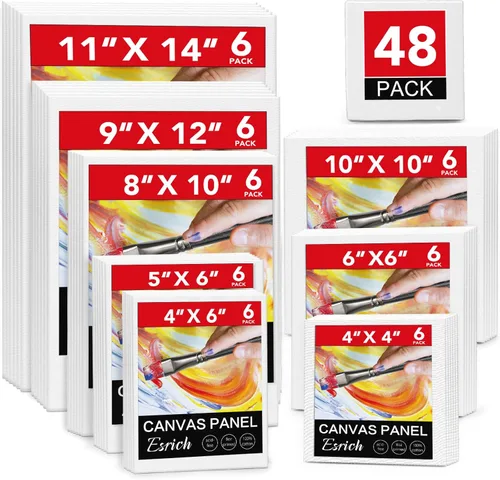 ESRICH Paquete de 48 tableros de lienzo para pintar, 6 piezas de lienzos de 4 x 4, 4 x 6, 5 x 6, 6 x 6, 8 x 10, 10 x 10, 9 x 12, 11 x 14 pulgadas,