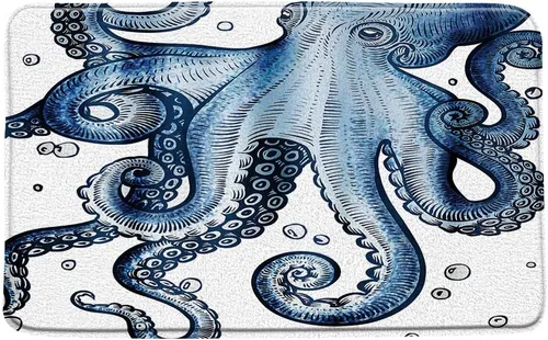 Sunhe Tapete de baño de pulpo azul, animales marinos, tentáculos de pulpo marino, vintage, acuarela, vida salvaje, impresión de vida salvaje, tapete