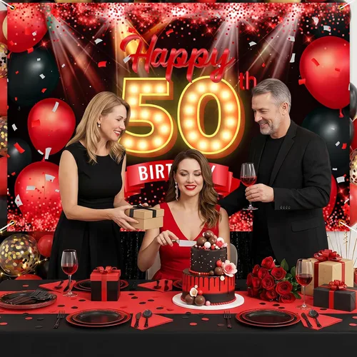Miniatura 6 de Cartel de feliz cumpleaños 50 años, fondo rojo y negro, decoraciones de cumpleaños para mujeres y hombres de 50 años, artículos de fotografía